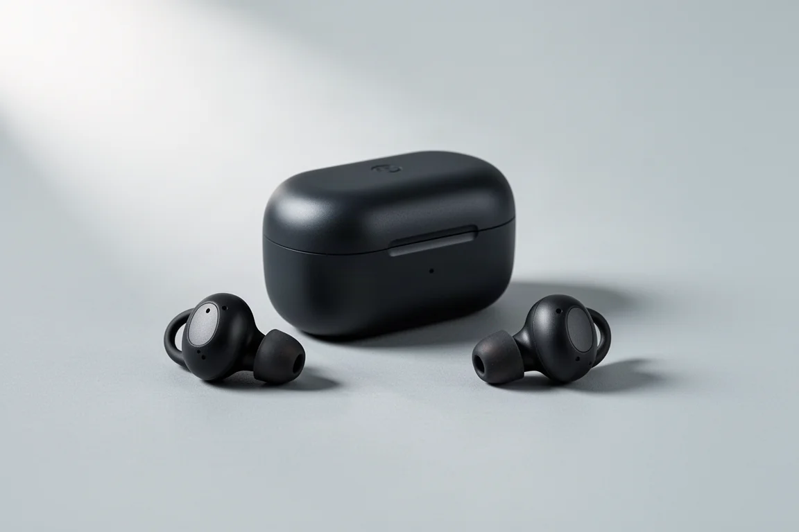 Matte black true wireless earbuds beside a compact charging case on a grey backdrop