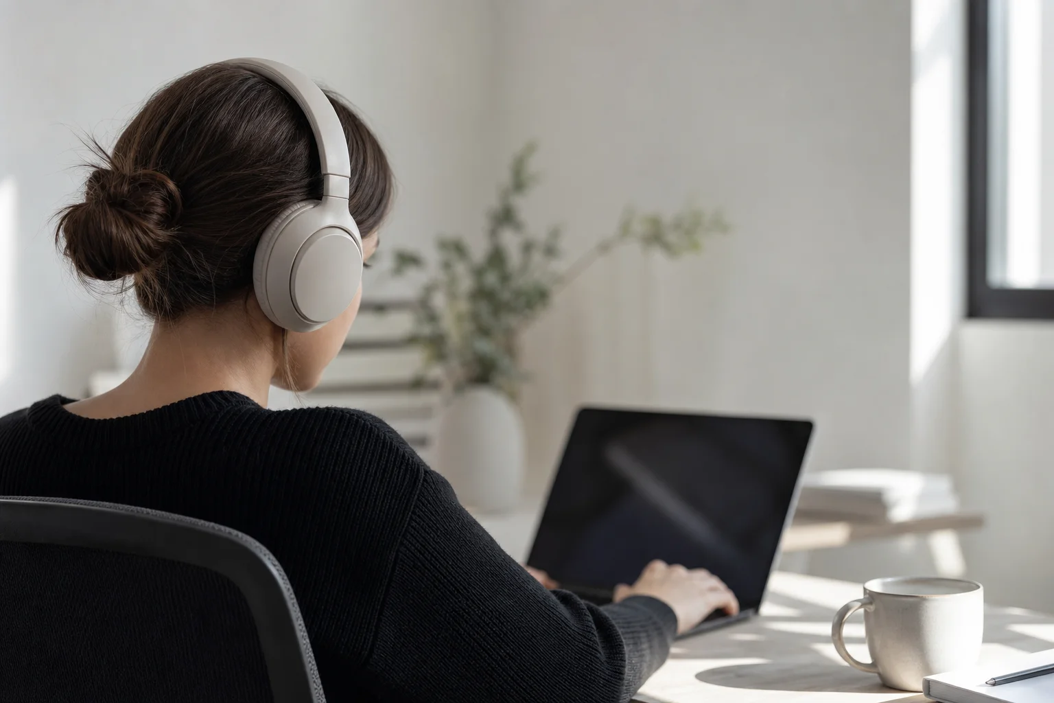 Person trägt Over-Ear-Kopfhörer an einem modernen Schreibtisch