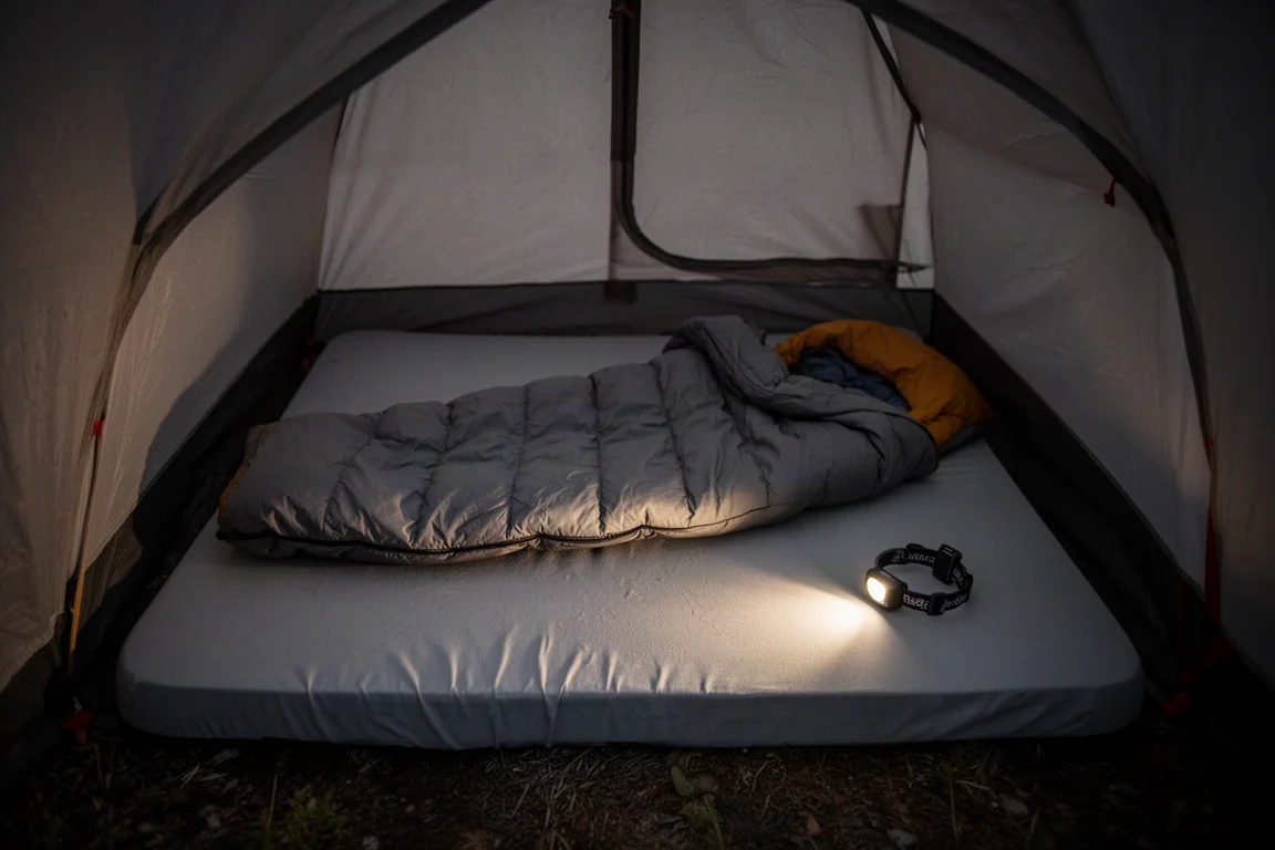Tent interior at night with a sleeping pad, fitted sheet and quilt under a soft headlamp glow