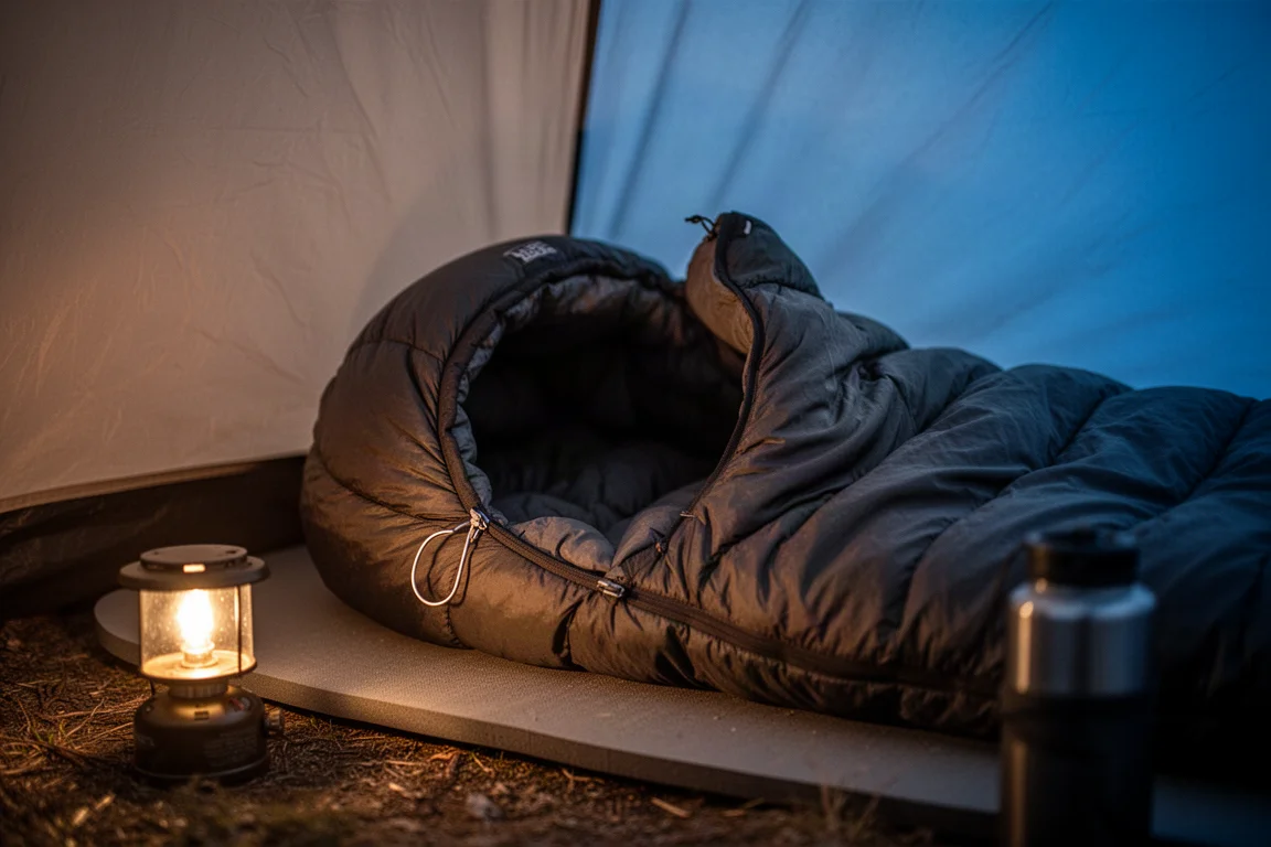 Close-up of a quilted hood resting on a sleeping pad inside a tent at dusk