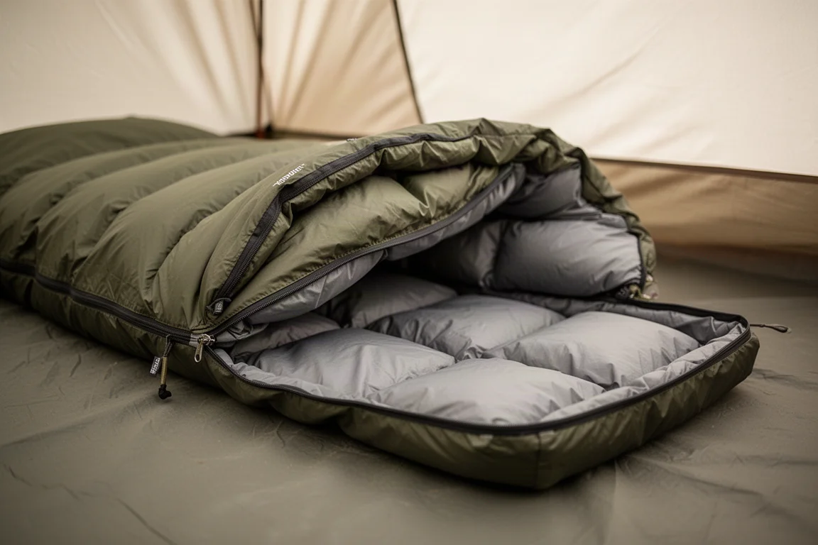 Open down sleeping bag on a tent floor showing a partly unzipped side zipper and lofted foot box