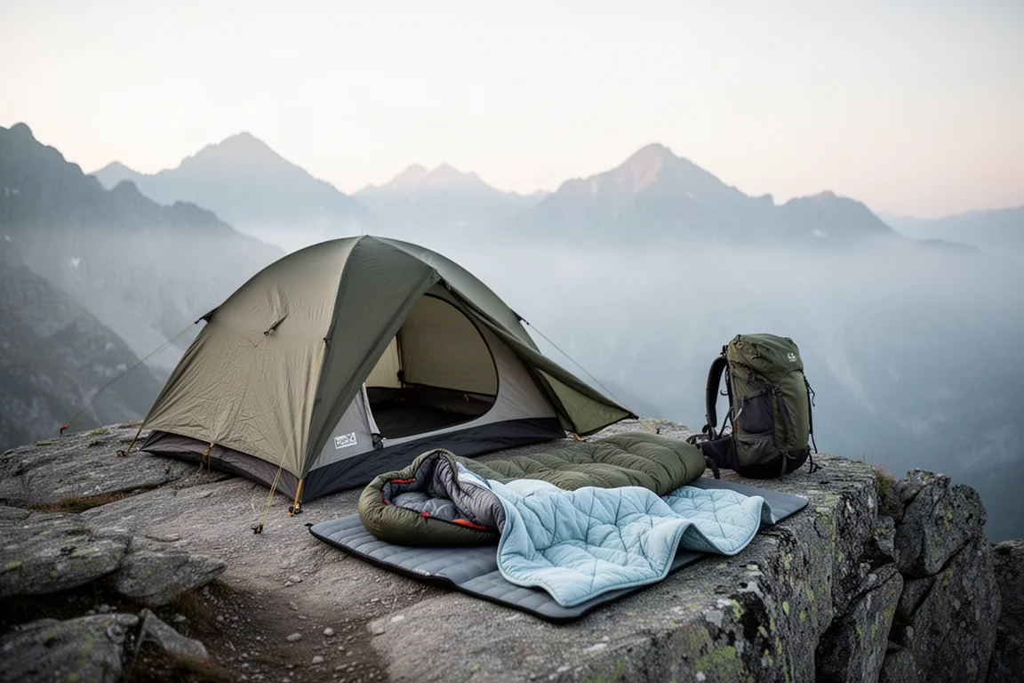 Alpine campsite at first light with a tent, sleeping bag and quilt laid out on a rocky ledge