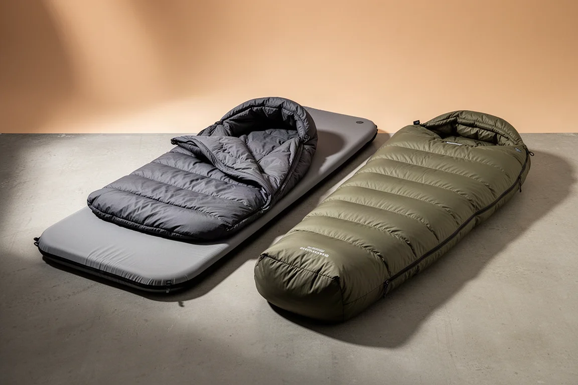 Quilt and fitted sheet sleep system beside a down mummy sleeping bag on a neutral surface