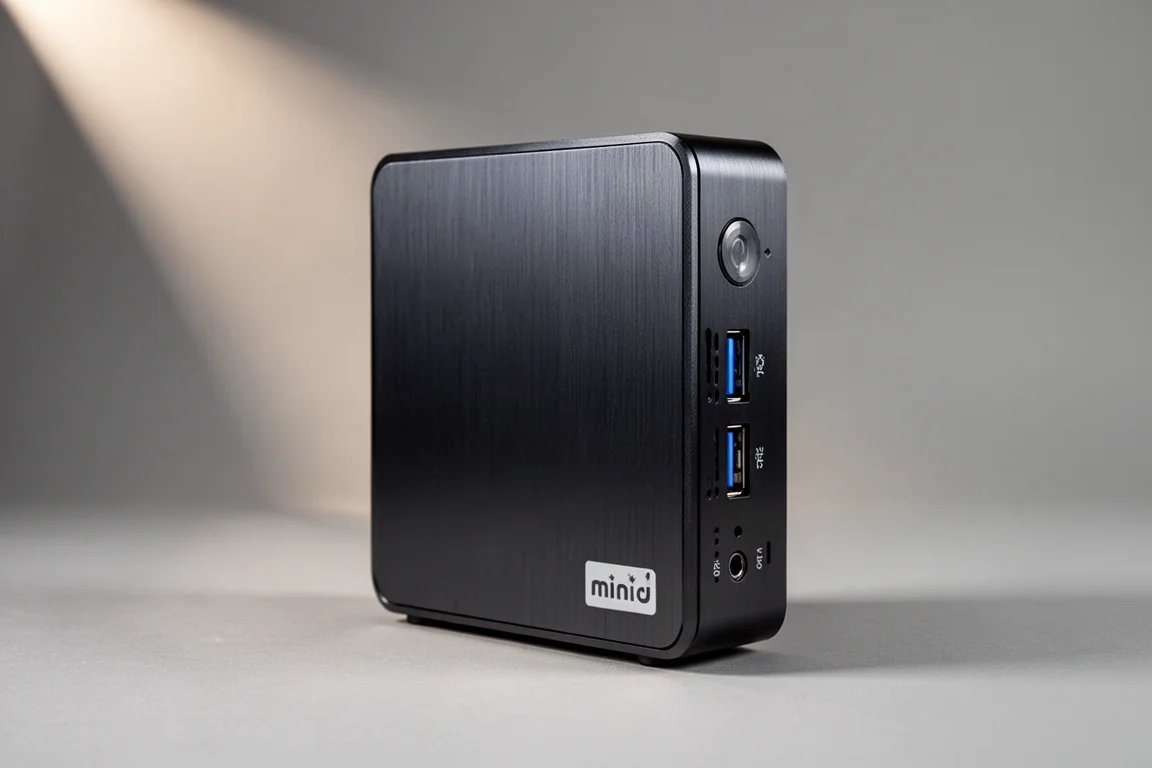 コンクリート面上にミニPC、USB無線スティック、ネットワークスイッチを配置したスマートホームハブのセットアップ