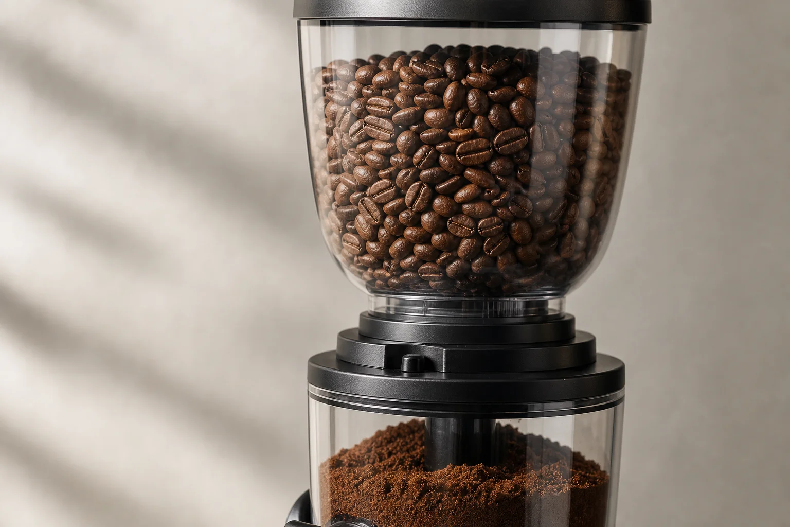 Coffee grinder hopper with beans and ground coffee