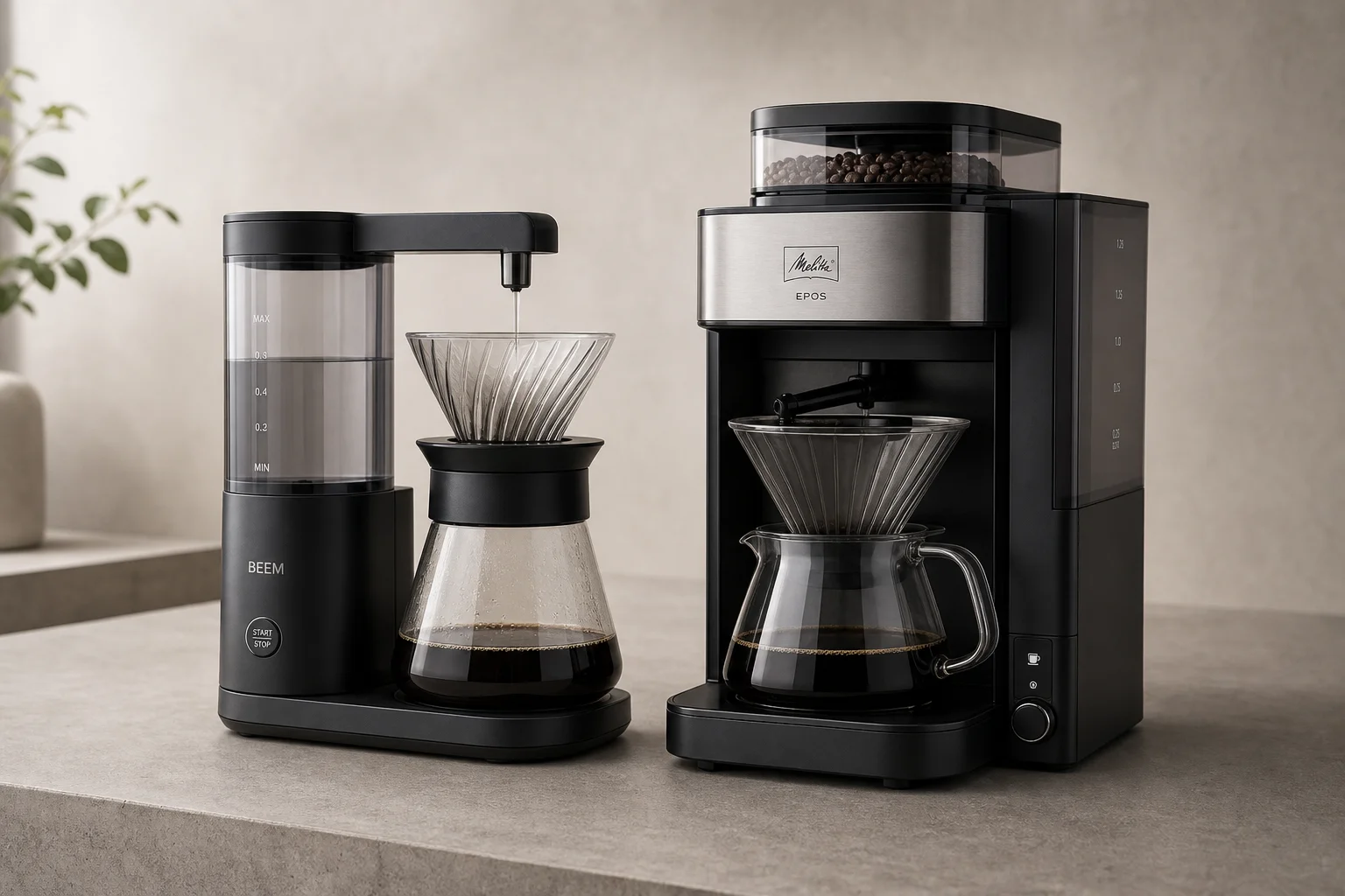 Cafeteras de goteo automáticas BEEM y Melitta EPOS una al lado de la otra