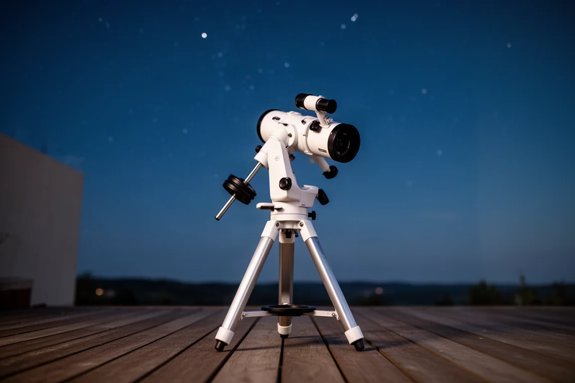 Portable Teleskop-Montierung auf einem Wedge unter einem Abendhimmel