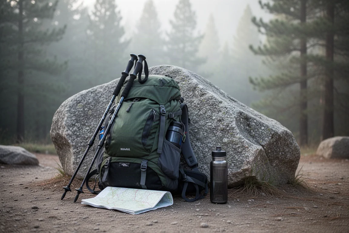 Sac à dos de randonnée chargé appuyé contre un rocher de granit au départ d'un sentier forestier