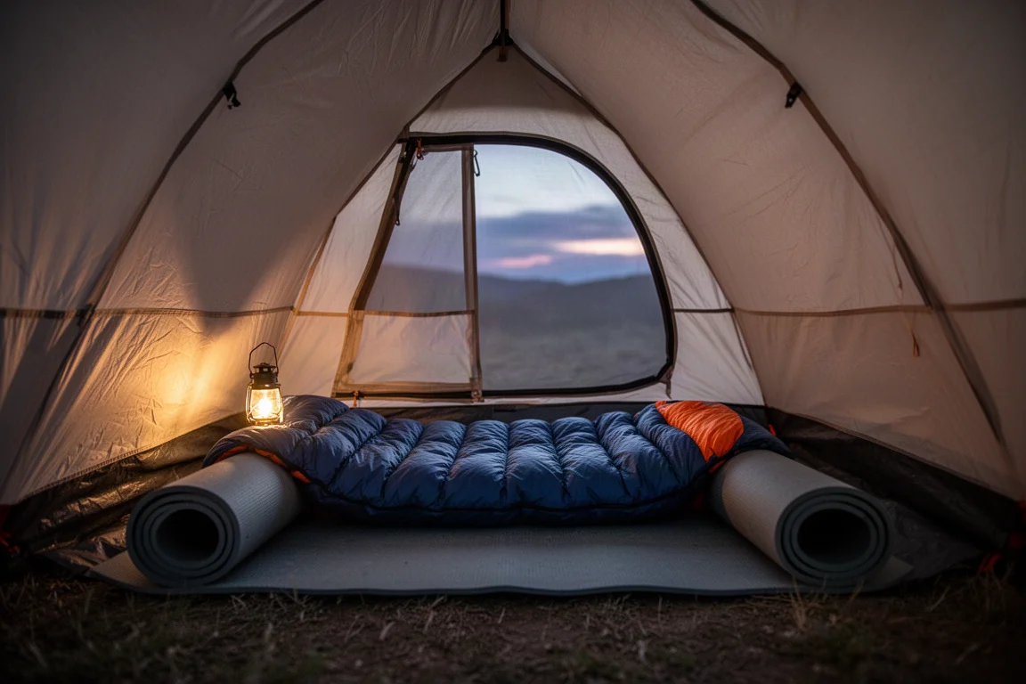 Sac de couchage en duvet et tapis de sol disposés dans une tente éclairée par une petite lanterne