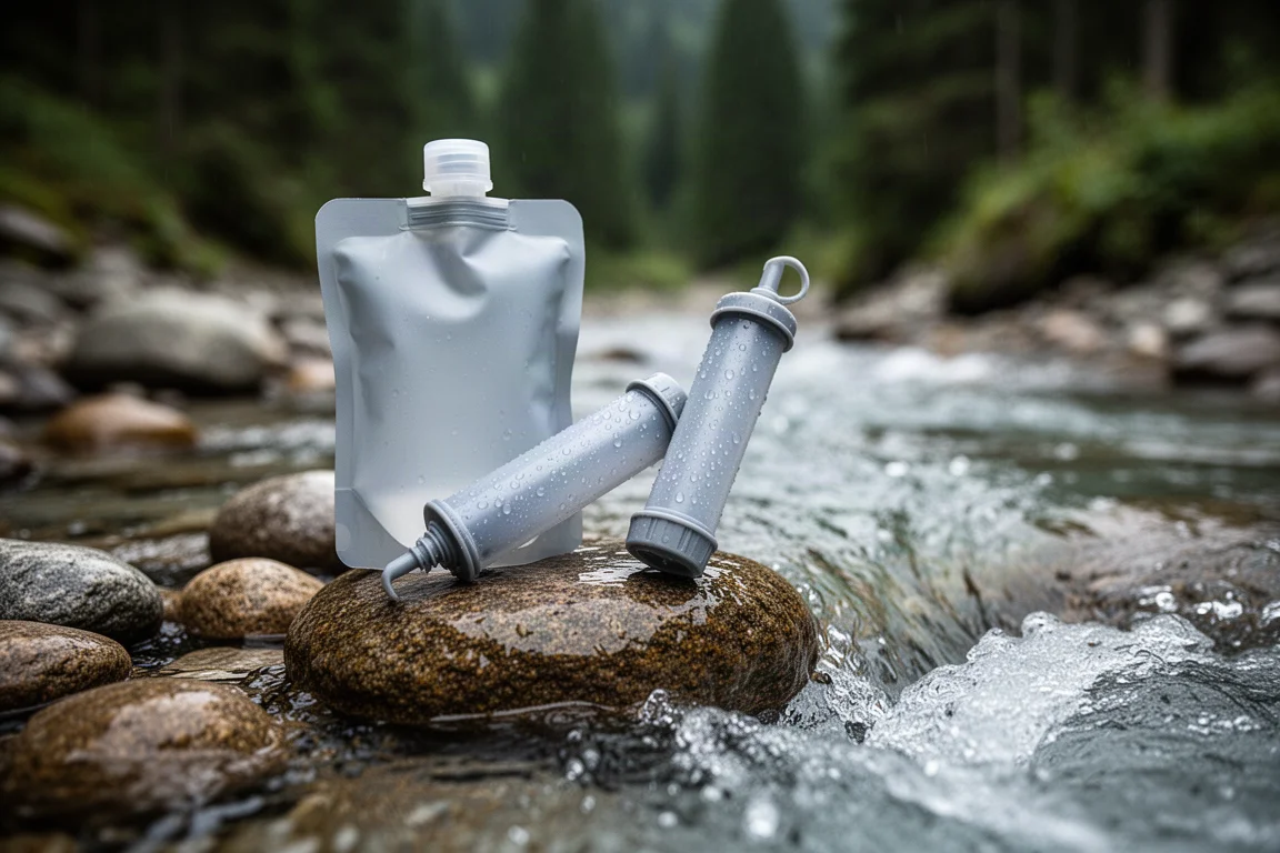 Filtre à eau à presser et poche souple d'eau posés sur des pierres humides au bord d'un ruisseau
