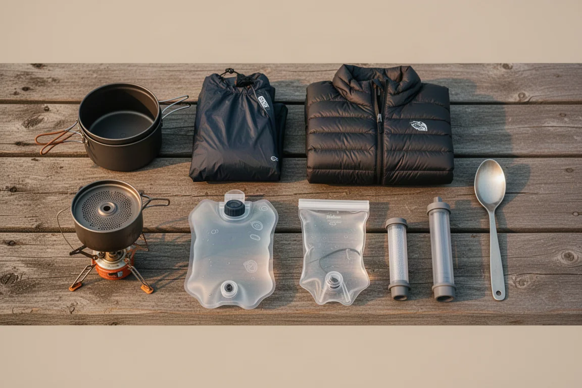 Vue à plat d'un kit de randonnée pour débutant disposé sur du bois patiné