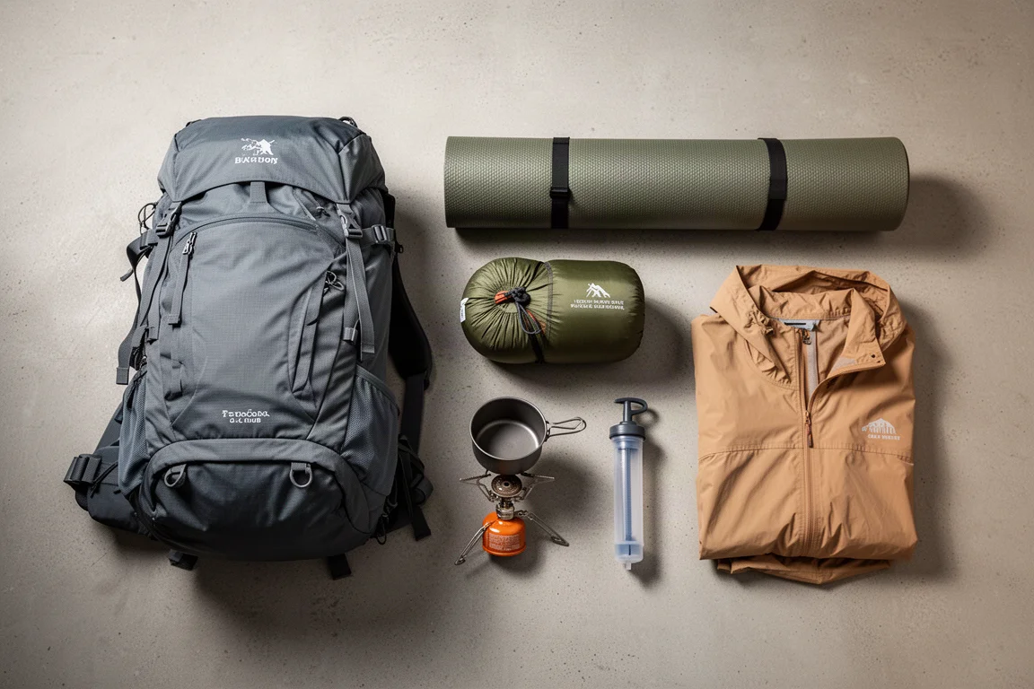 Flat-lay of beginner backpacking gear including a pack, tent, pad, stove, filter, and rain jacket