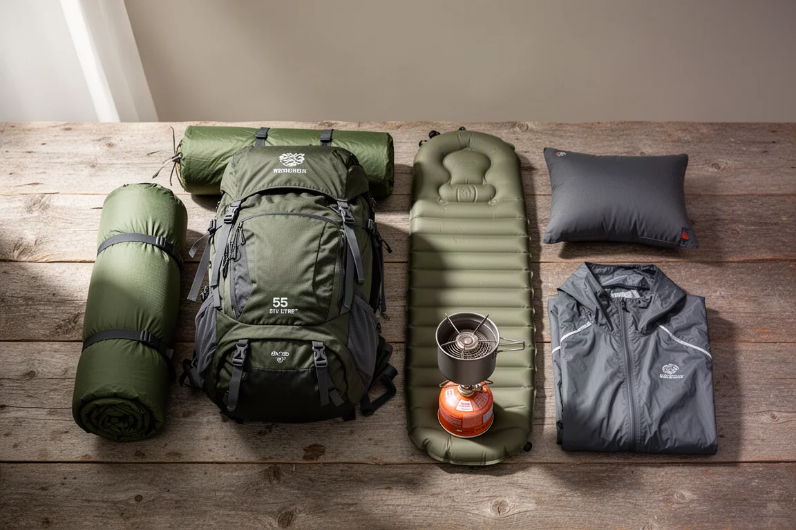 Overhead flat-lay of beginner backpacking gear on weathered wooden planks