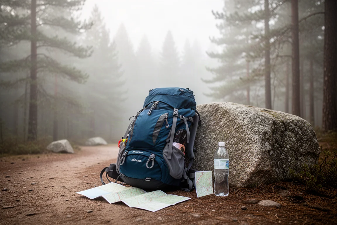 Gepackter Wanderrucksack lehnt an einem Granitfindling an einem Waldweg-Einstieg