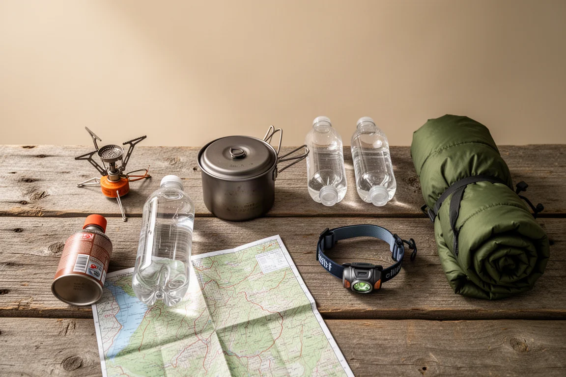 Backpacking-Ausrüstung auf einem hellen Holzboden in Gruppen sortiert