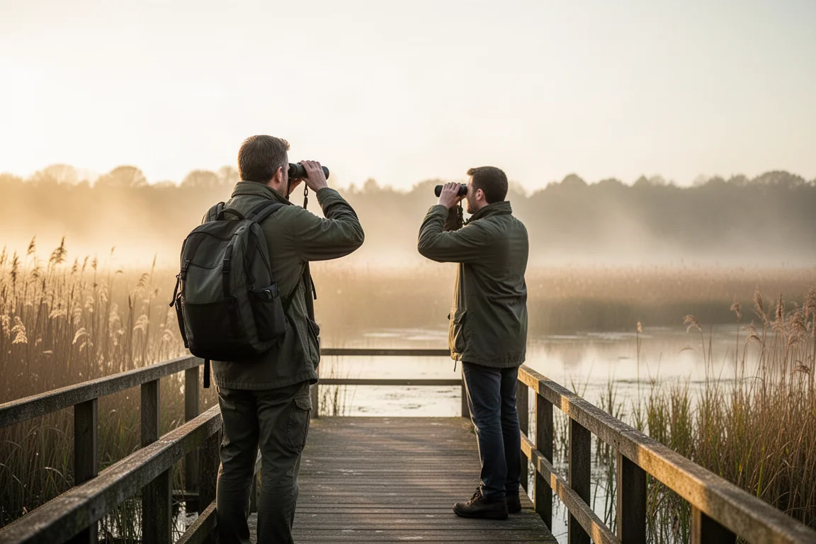 Vogelbeobachter mit Fernglas, der zur goldenen Stunde ein Feuchtgebiet absucht