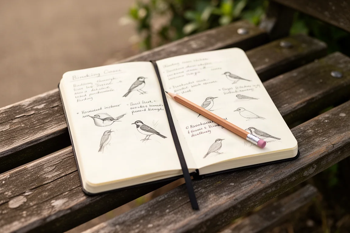 Offenes Birding-Journal mit handschriftlichen Notizen und einem Bleistift auf einer Holzbank