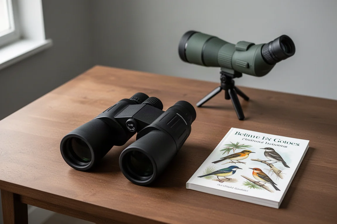 Attrezzatura per birdwatching principianti disposta su un tavolo di leghe con binocoli, guida sul campo e cannocchiale