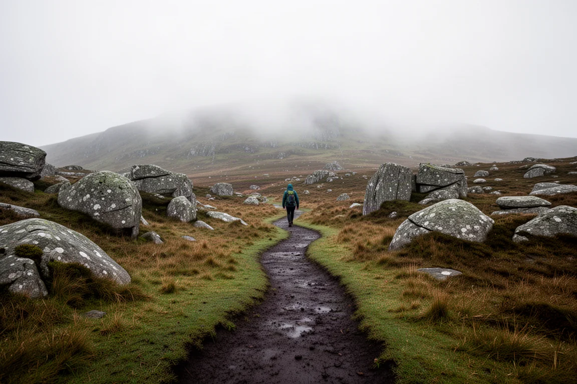 Offener Moorwanderweg, der sich zwischen Granitfelsen unter tiefer Bewölkung windet