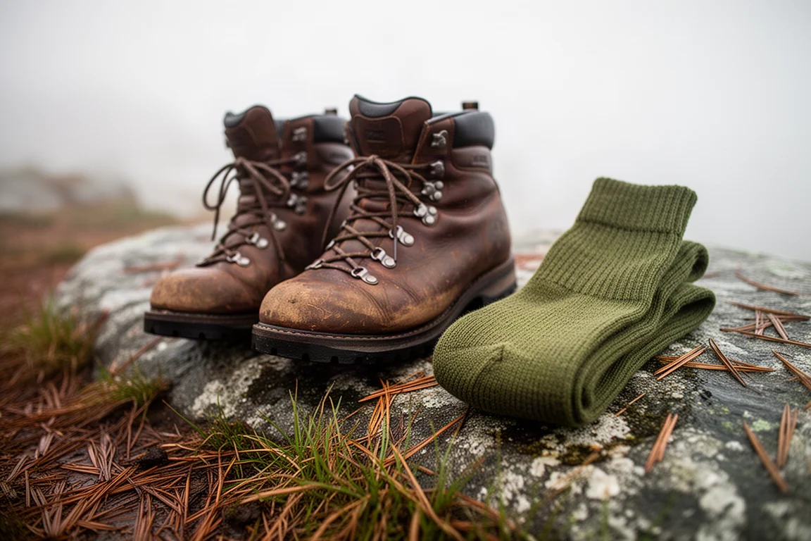 Wanderschuhe und gefaltete Wollsocken auf feuchtem Granit neben einem Wanderweg