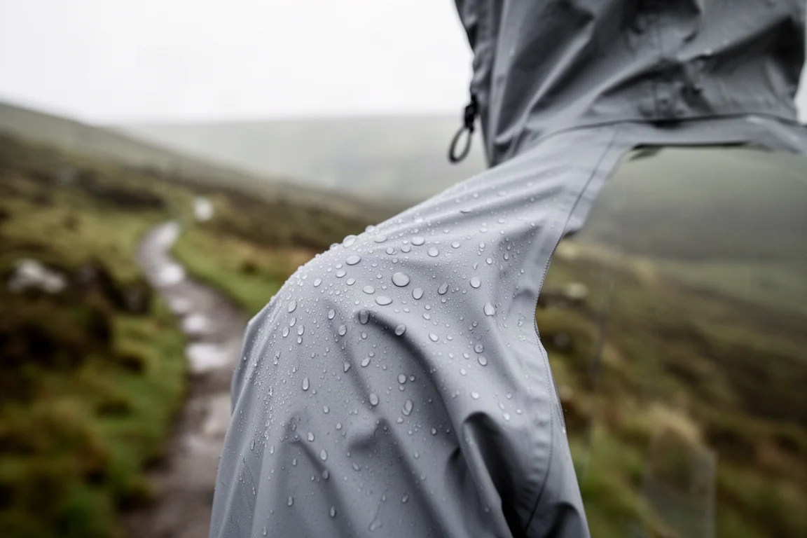 Regentropfen perlen auf der Schulter einer leichten Regenjacke