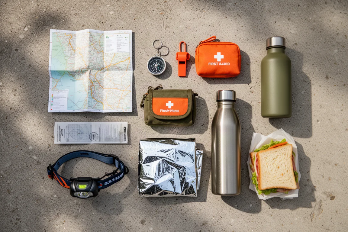 Flachaufnahme des Tagesrucksack-Inhalts mit Karte, Kompass, Erste-Hilfe-Set und Trinkflasche
