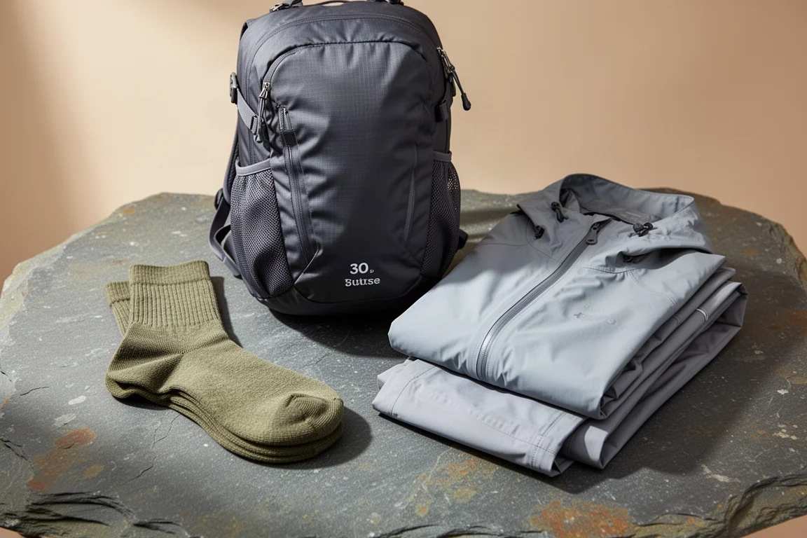 Merinowollsocken, anthrazitfarbener Tagesrucksack und gefaltetes Regen-Set auf einer Schieferfläche