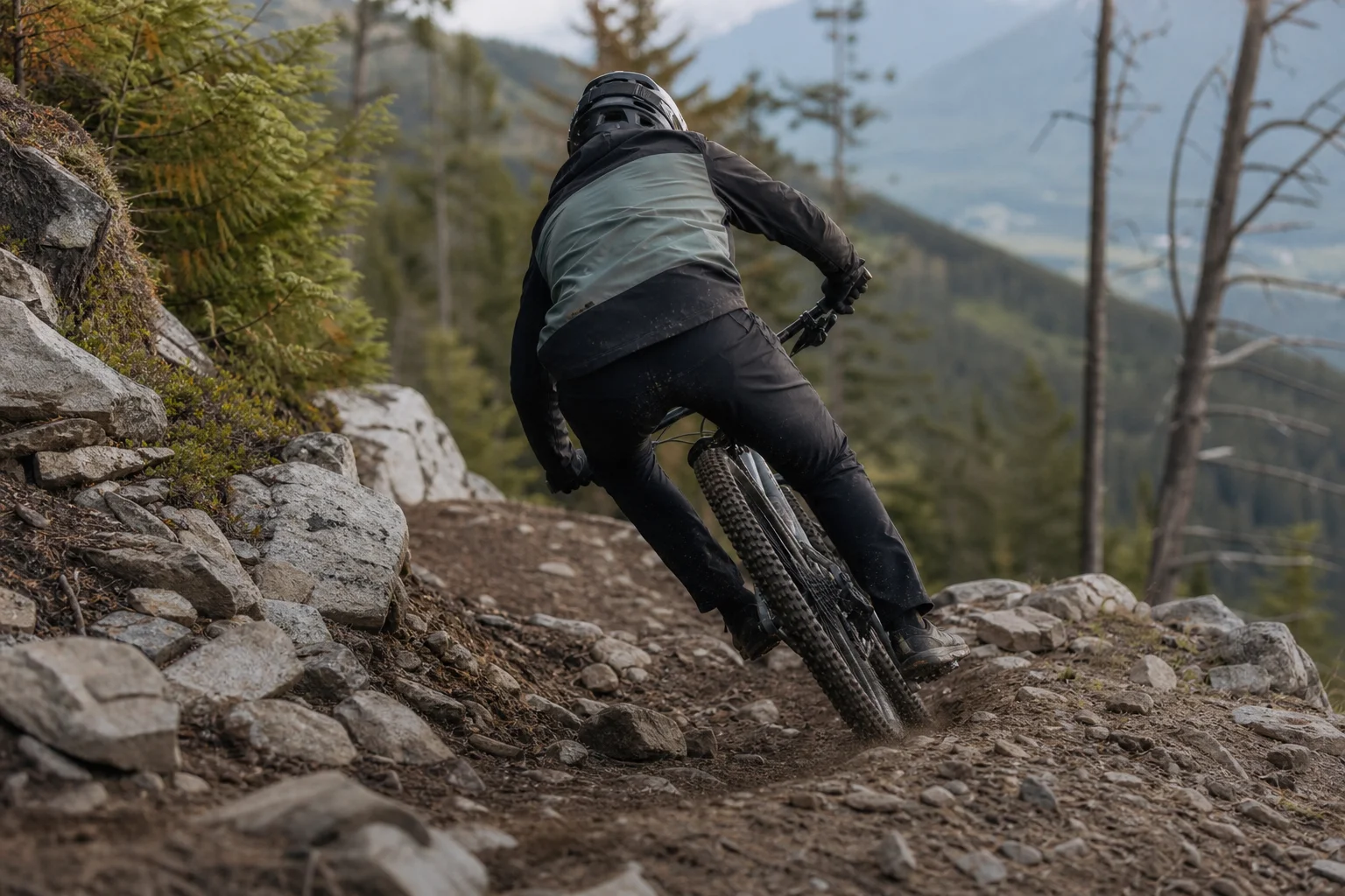 Mountainbiker auf einem felsigen Pfad mit Bäumen im Hintergrund