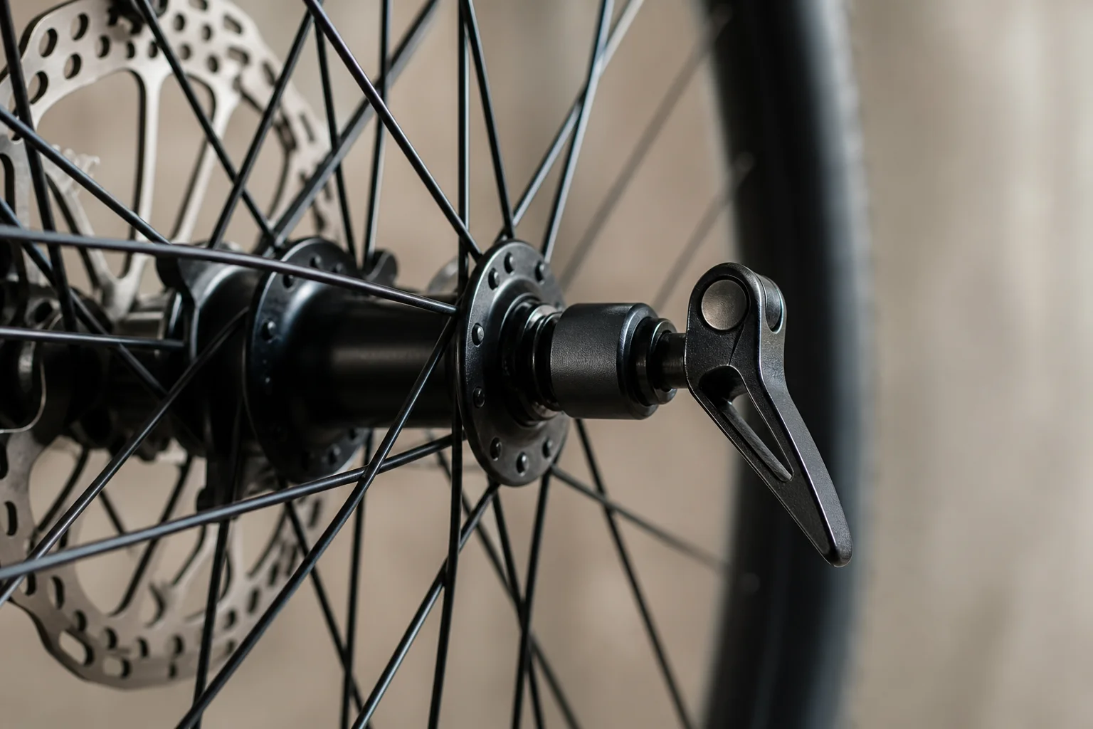Mountainbike-Laufrad mit Schnellspannhebel im Detail