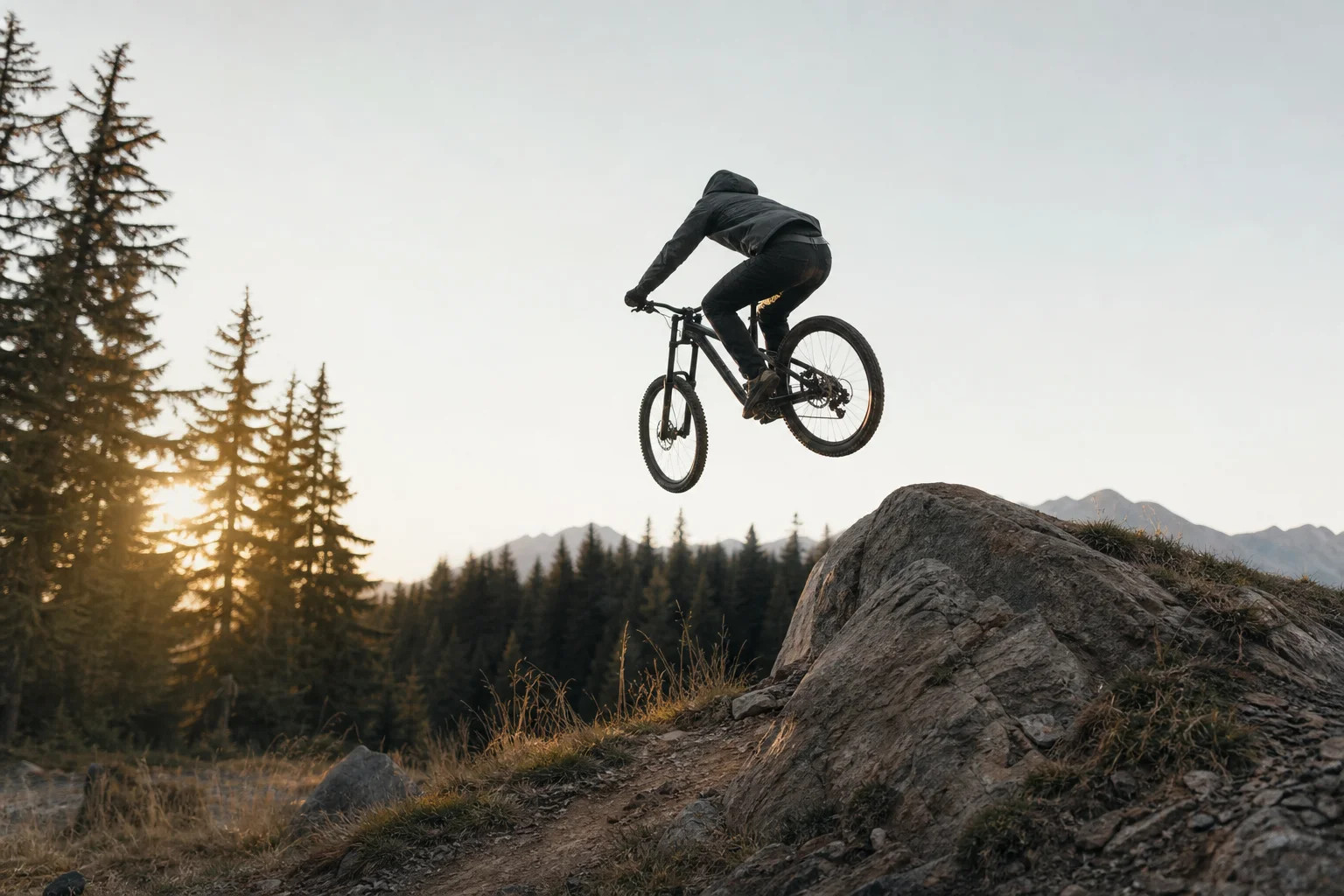 Fahrer bei einem Sprung mit einem Mountainbike in natürlicher Umgebung