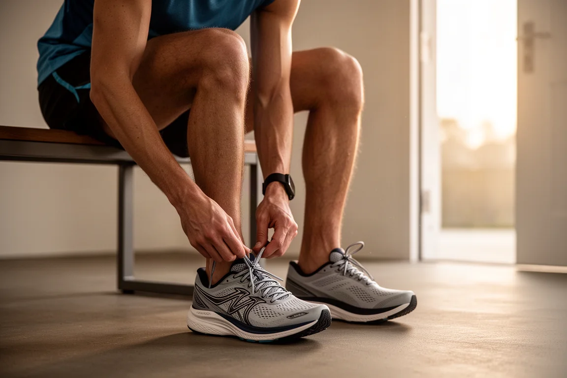 Hardloper doet veters van weggecushte hardloopschoenen dicht vóór een vroege ochtendrun