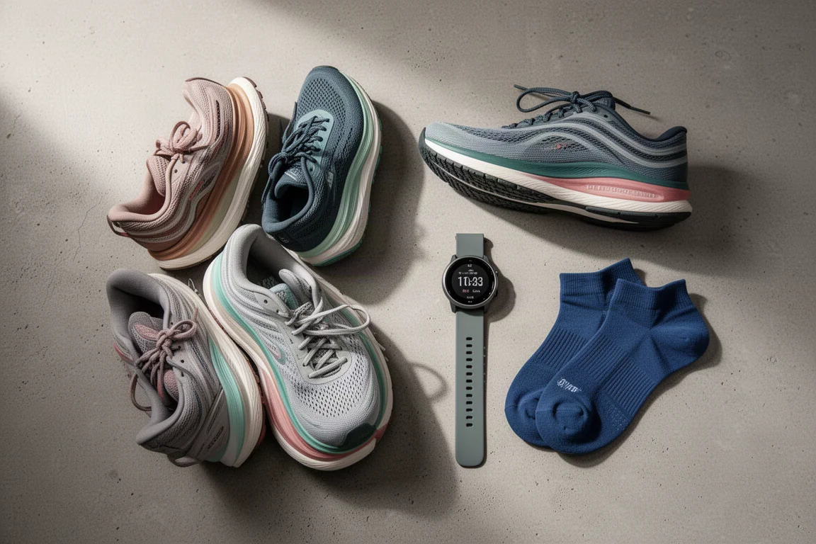Composizione di scarpe da corsa, un orologio GPS e calze da running su cemento