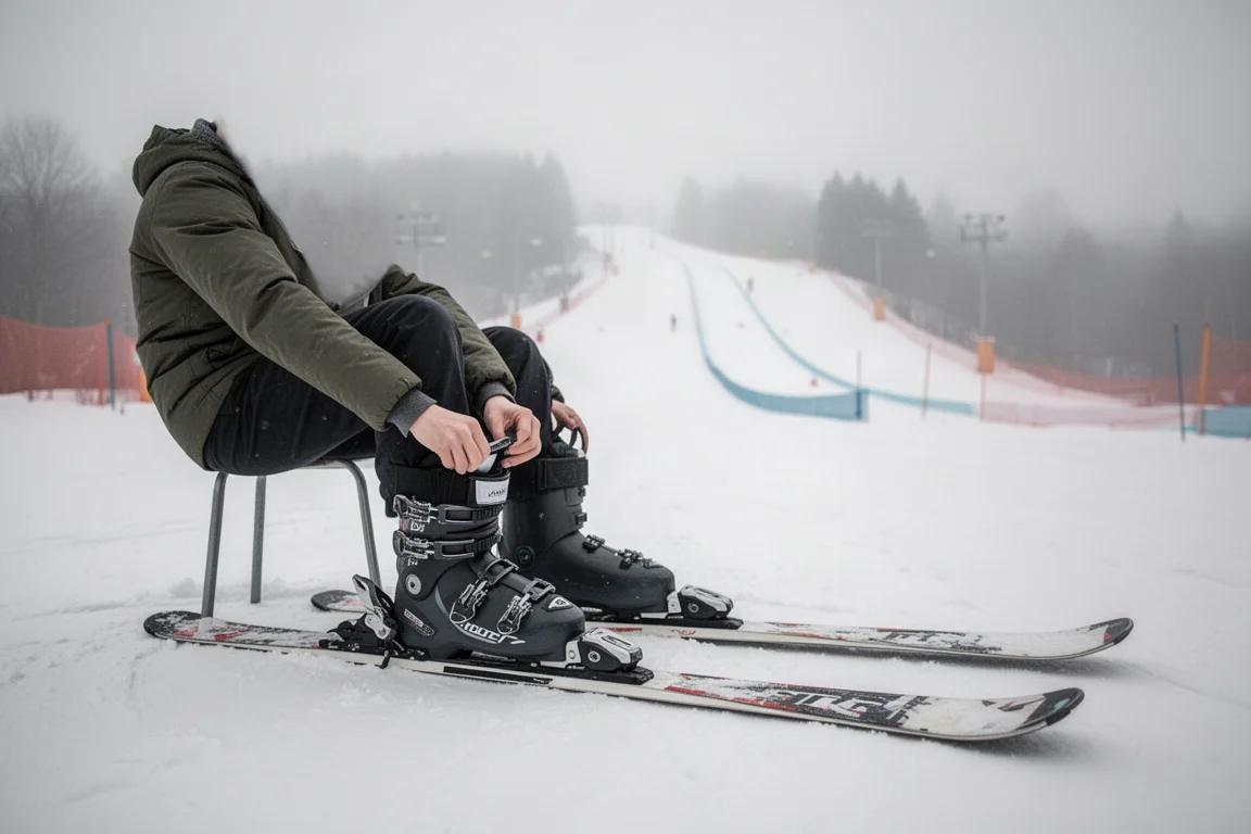 Skieur au pied d'une petite piste d'entraînement, ajustant les boucles de ses chaussures