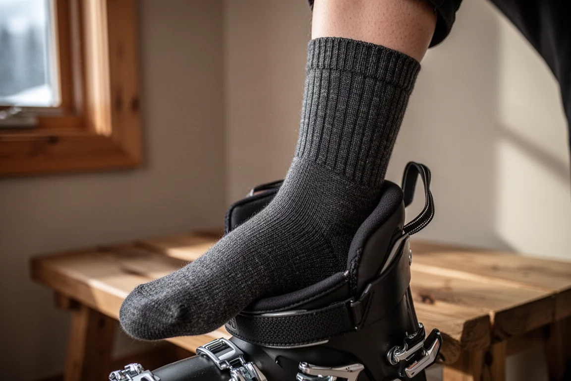 Gros plan sur une chaussette de ski fine en laine bien lissée à l'intérieur d'un chausson de chaussure de ski