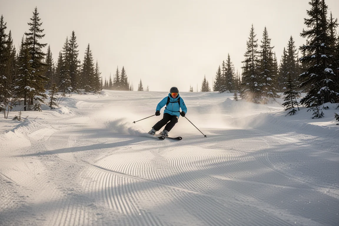 Skieur enchaînant les virages taillés sur une piste damée de niveau intermédiaire
