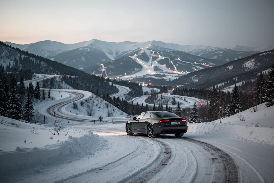 Voiture sur une route de montagne enneigée avec lacets au crépuscule