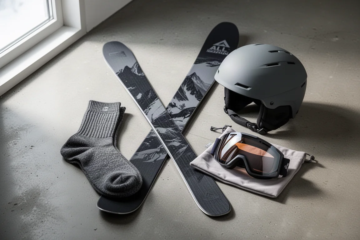 Ski-Ausrüstung als Flat-Lay mit Socken, einem Ski, Helm und Brille auf Beton