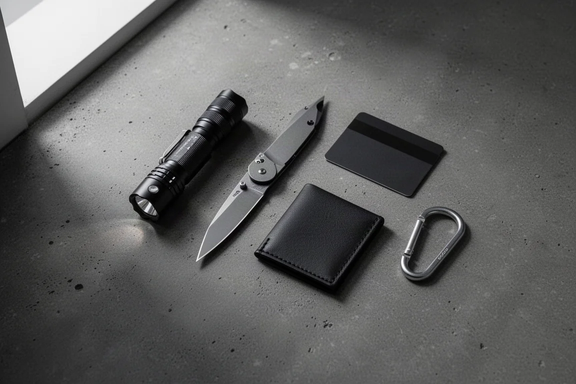Flat-lay of everyday carry essentials arranged on a dark concrete surface