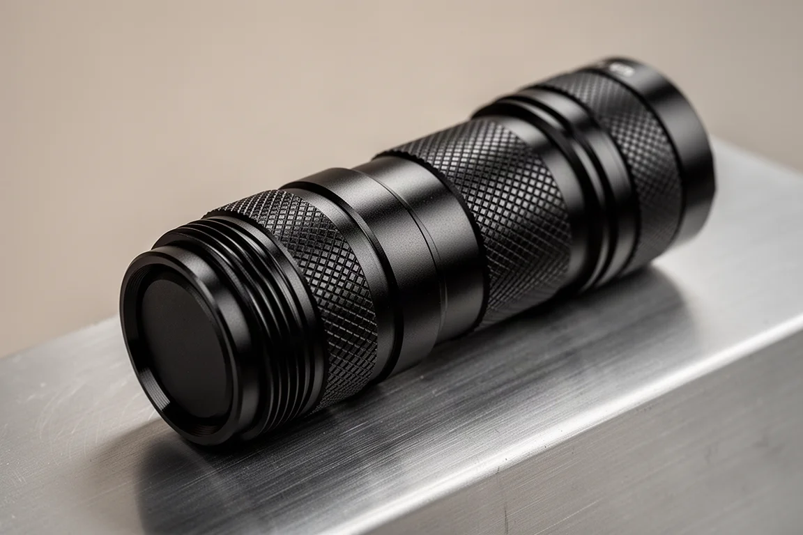 Close-up of a premium flashlight body showing machined metal texture