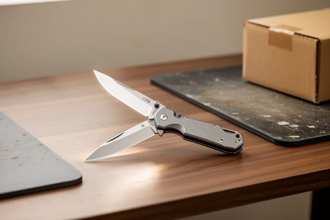 Hands opening a slim folding pocket knife on a wooden desk