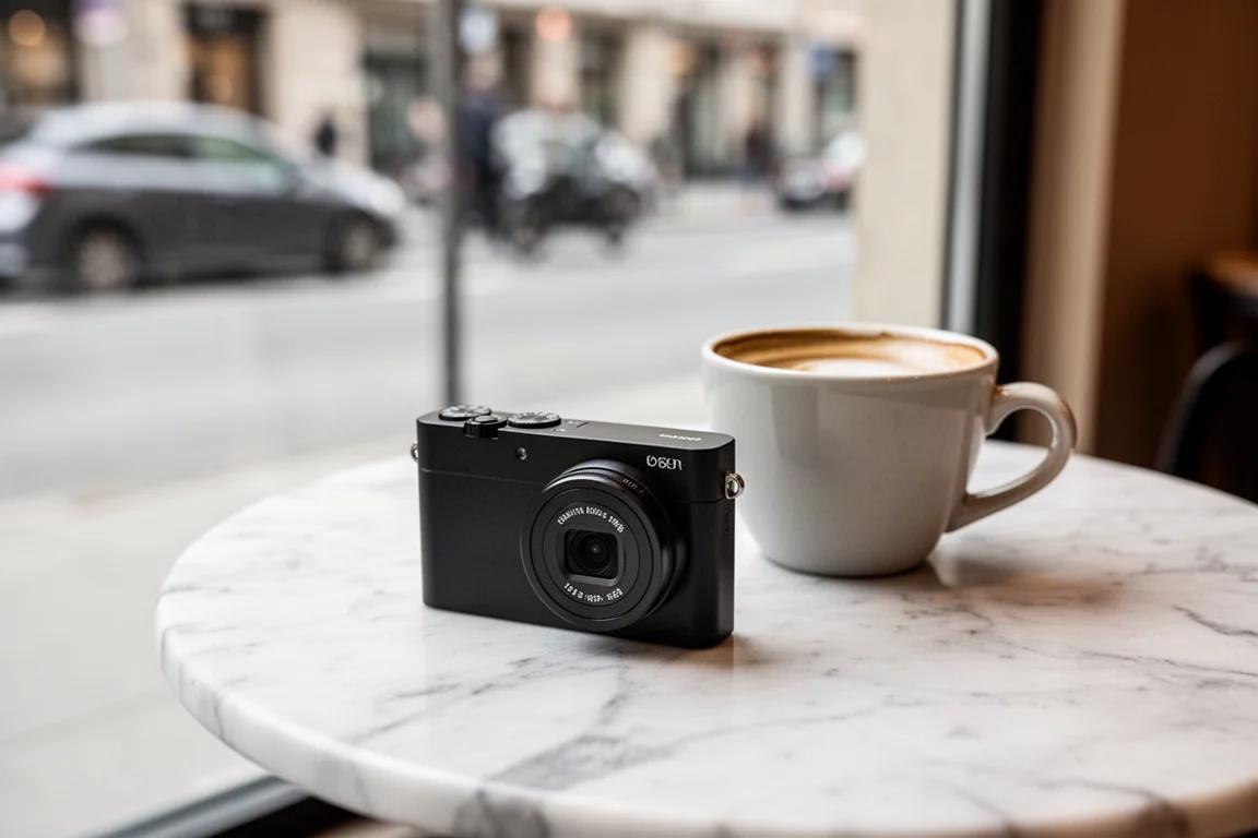 Compact point-and-shoot camera resting on a cafe table in soft daylight
