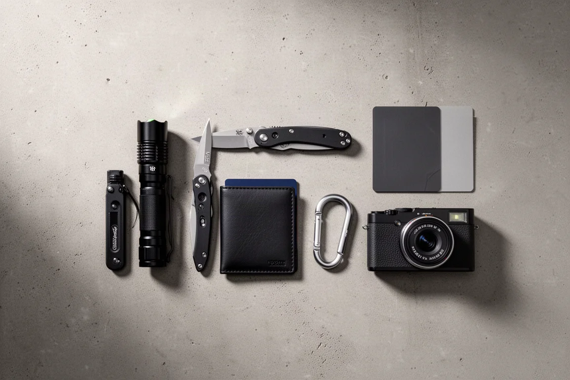 Composizione flat-lay di essenziali everyday carry con torcia, coltello, portafoglio, moschettone e fotocamera
