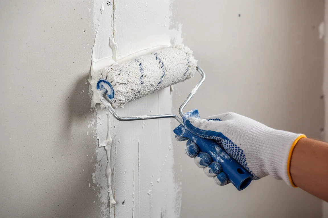 DIYler trägt mit einer kleinen Rolle Gipsspachtelmasse auf eine Trockenbaunaht auf