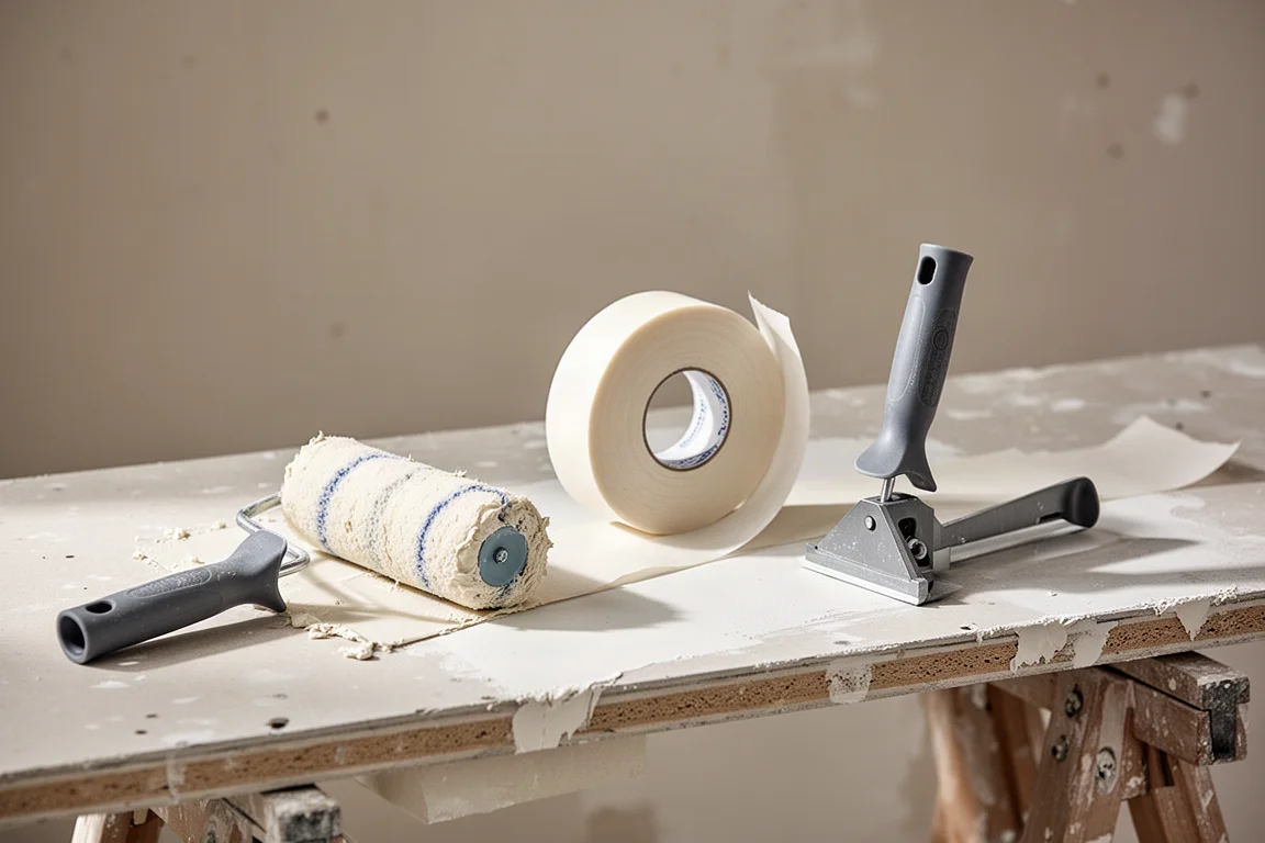 Attrezzi per la nastratura del cartongesso, tra cui un rullo, nastro di carta e una spatola per angoli su un banco da lavoro