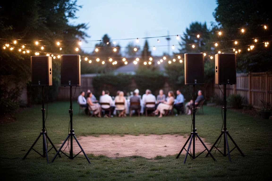 Outdoor evening gathering in a backyard with speaker stands and string lights