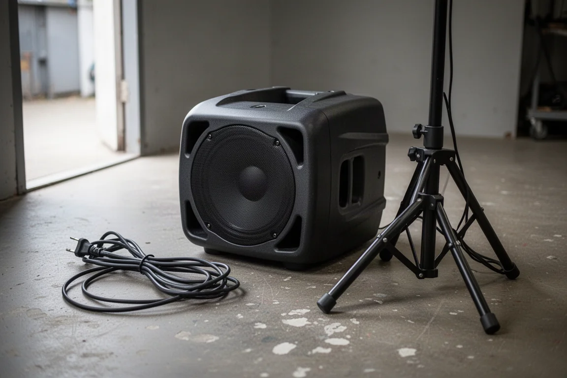 Plastic PA speaker cabinet beside a folded tripod stand on a concrete floor