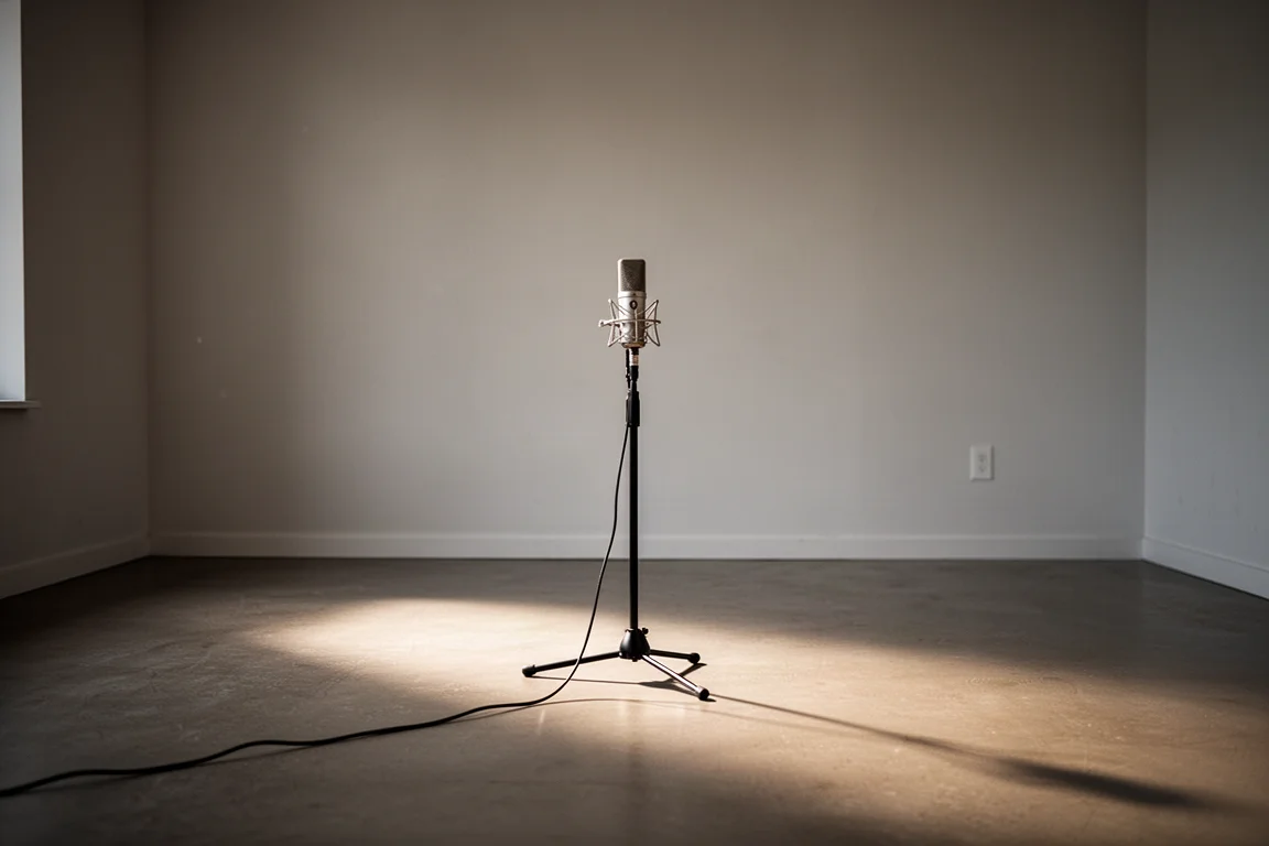 Measurement microphone on a stand in an empty room with hard floors