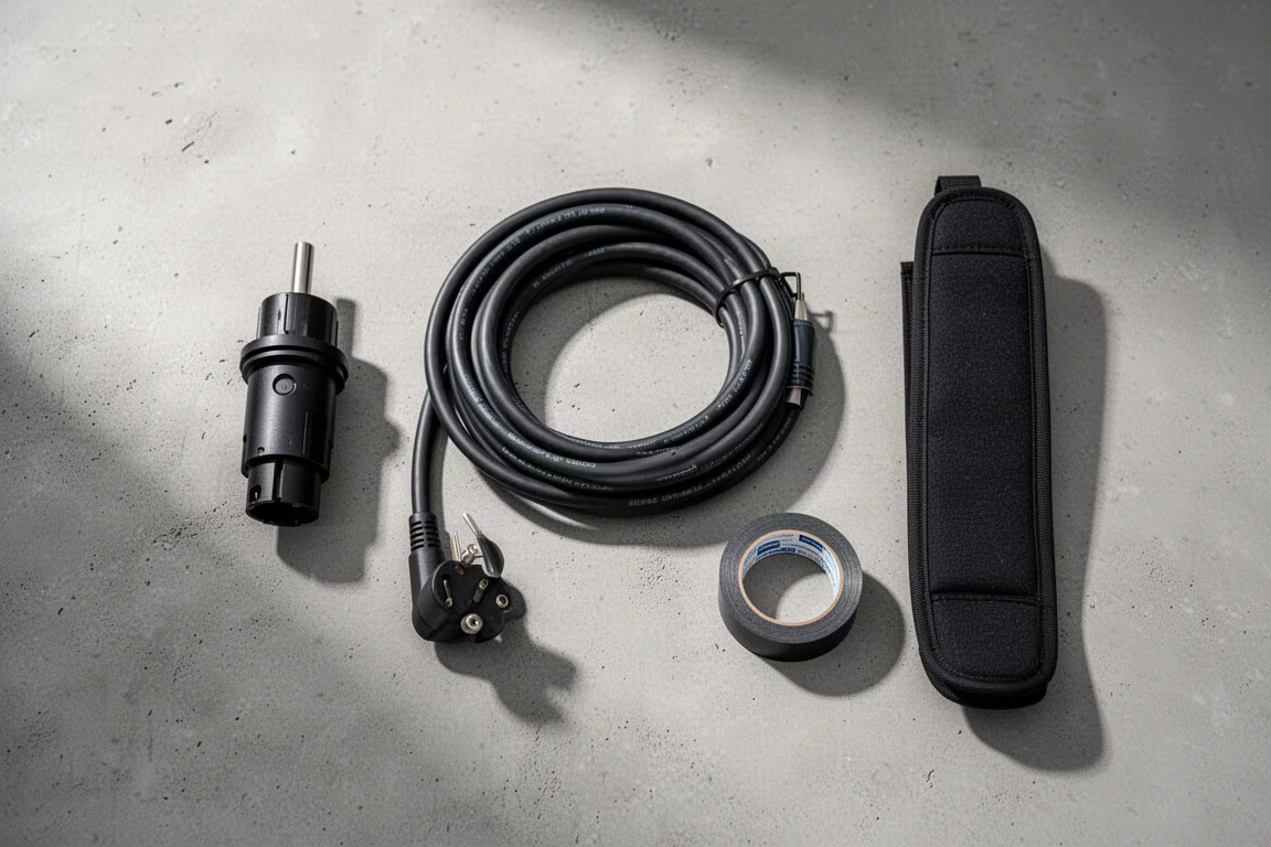 Overhead flat-lay of speaker mounting hardware and cable on concrete