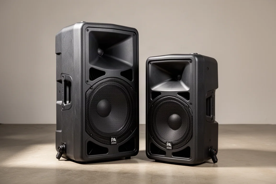 Two black plastic PA speaker cabinets with horn-loaded drivers on a concrete floor