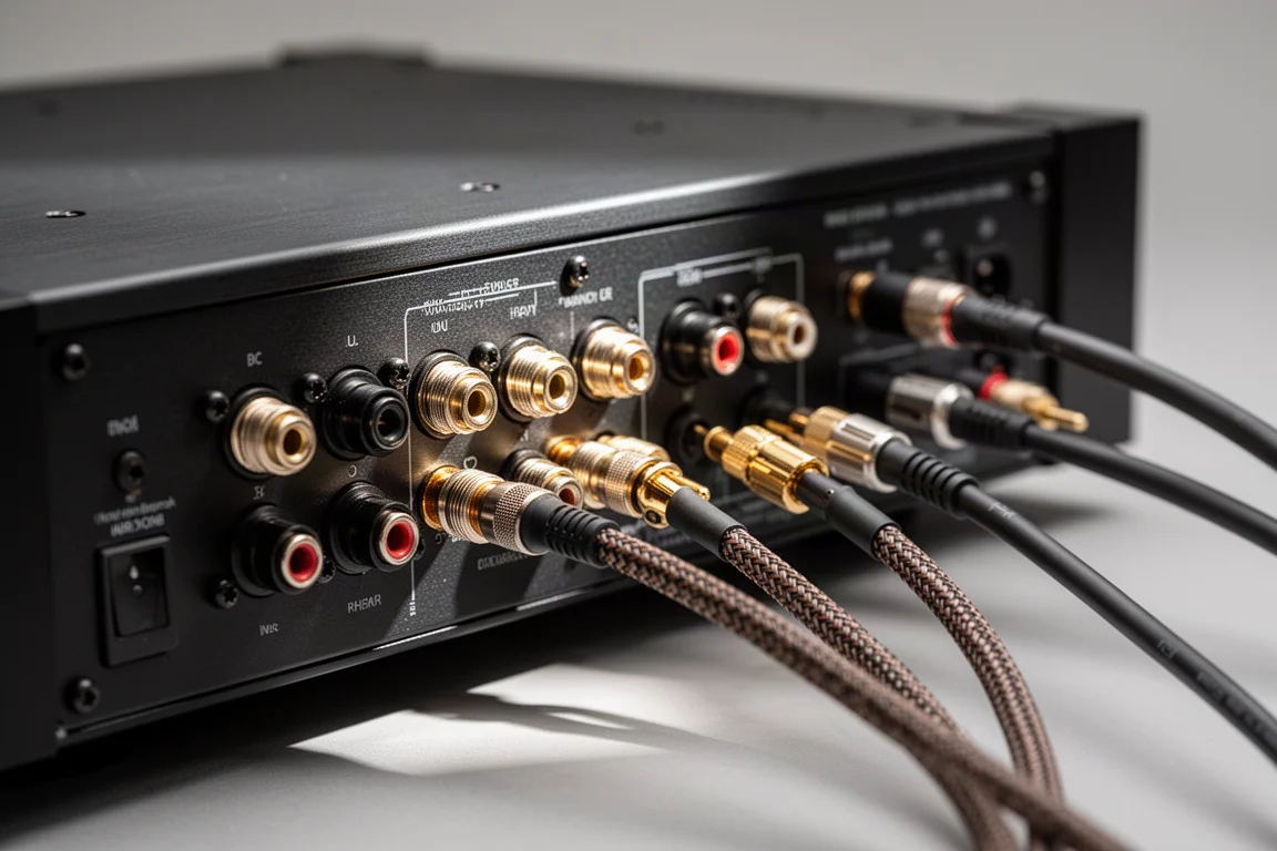 Gros plan sur les bornes de connexion et les câbles de la face arrière d'un amplificateur hi-fi